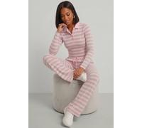 STYLEWISE Women's Striped Collar Ribbed Co-ord Sweatshirt & Wide Leg Trouser Set in Pink | Size: Medium STYLEWISE Pink M