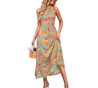 STYLEWORD Women's 2025 Summer Maxi Dress Ladies Floral Halter Neck Sleeveless Beach Long Sundress with Pockets