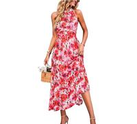 STYLEWORD Women's 2025 Summer Maxi Dress Ladies Floral Halter Neck Sleeveless Beach Long Sundress with Pockets