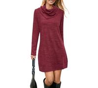STYLEWORD Women's Jumper Dress Long Sleeve Tunic Dress Cowl Neck Ladies Casual Sweater Tops for Autumn Winter(Wine3197,XL)