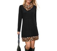 STYLEWORD Women's Jumper Dress Long Sleeve Tunic Dress Cowl Neck Ladies Casual Sweater Tops for Autumn Winter(Black & Leopard,S)