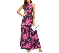 STYLEWORD Women's Maxi Dresses Halter Neck Summer Dress Floral Print Sleeveless Off Shoulder Elegant Long Dress(Black Red Leaf,XL)