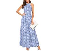 STYLEWORD Women's Maxi Dresses Halter Neck Summer Dress Floral Print Sleeveless Off Shoulder Elegant Long Dress(Blue Geometric Floral,XL)