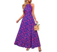 STYLEWORD Women's Maxi Dresses Halter Neck Summer Dress Floral Print Sleeveless Off Shoulder Elegant Long Dress(Navy Pink Floral,XXL)