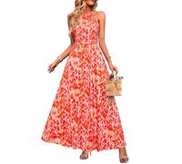 STYLEWORD Women's Maxi Dresses Halter Neck Summer Dress Floral Print Sleeveless Off Shoulder Elegant Long Dress(Orange Red Floral,XXL)