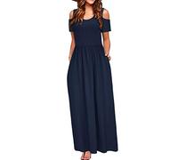 STYLEWORD Women's Summer Cold Shoulder Short Sleeve Maxi Dress Solid Colour Elegant Long Dress with Pockets(Navy-456,M)