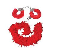 Stylex 85G Thick Red Feather Boa & Fluffy Hand Cuffs Valentines Hen Night Set