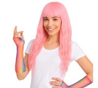 Stylex Party Baby Pink Wavy Heat Resistant Wig With Rainbow Fishnet Gloves For Pride Fancy Dress Festival Parades