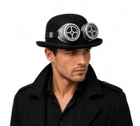 Stylex Party Black Bowler Hat & Silver Crossed Goggles Steampunk Fancy Dress Halloween Cosplay Accessory Headwear