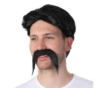 Stylex Party Black Disco Wig with Fake Mustache - 70s Party Costume Set for Men, Halloween & Funky Dress-Up