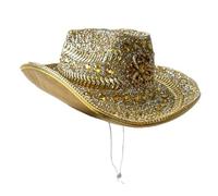 Stylex Party Faux Leather Cowboy Hat with Encrusted Faux Diamonds, Wide Brim, Adjustable Chin Strap, Gold