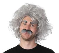 Stylex Party Mad Scientist Wig With With Adhesive Eyebrows & Mustache for Halloween World Book Day Fancy Dress Costume Outfit Accessories Grey Old Man