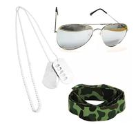 Stylex Party Military Style Costume Accessory Set, Silver Aviator Sunglasses, Dog Tag Necklace, Camo Headband, 3-Piece