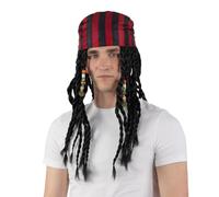Stylex Party Pirate Wig with Bandanna - Black Braided Wig with Beads for Halloween, Cosplay & Costume Parties
