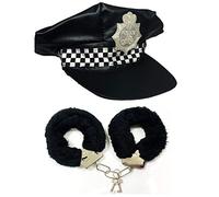 Stylex Party Ltd Police Checkered Hat & Black Fluffy Handcuffs Fancy Dress Costume Cops Robbers