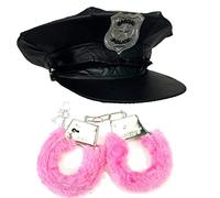 Stylex Party Police Officer Fancy Dress Costumes Black Special Police Hat Cop & Pink Fluffy Hand Cuffs