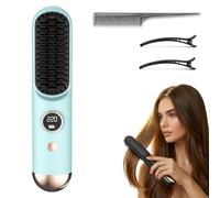 Styling Brush for Short Hair, 2026 Upgrade Cordless Ceramic Heating Hair Straightening Comb, with 4 Temperature Settings and Fast Heat-Up Time for Women, All Hair Types, Silky Smooth Hair (Blue)