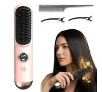 Styling Brush for Short Hair, 2026 Upgrade Cordless Ceramic Heating Hair Straightening Comb, with 4 Temperature Settings and Fast Heat-Up Time for Women, All Hair Types, Silky Smooth Hair (Pink)