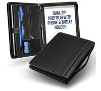 STYLIO Black Zipper Padfolio Portfolio Binder w/Carrying Handle | Organizer for Documents, iPad, Tablet, Notebook | Business Leather Binder for Men Women (No 3-Ring Binder)