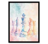 Stylised Chess Pieces Light Pastel Watercolour Framed Art Print Artery8 Multi W12 inch x H16 inch