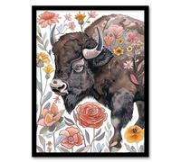 Stylised Majestic Bison in Spring Wildflowers Framed Wall Art Artery8 Brown A4
