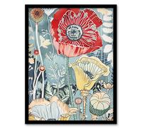 Stylised Poppy Flowers Pastel Colour Design Framed Art Print Artery8 Blue W12 inch x H16 inch