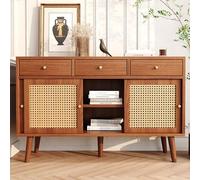 Stylish 120x40x78 cm Sideboard Modern 3-Drawer Storage Cabinet with Sliding Rattan Doors Solid Wood Legs Gold Handles Adjustable Shelves for Living Room or Dining Room