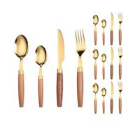 Stylish 16-Piece Gold & Silver Cutlery Set with Unique Wooden Handles - Premium Stainless Steel Tableware for Steak, Fork, Spoon & Teaspoon - Elegant Dining Essentials