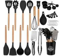 Stylish 34-Piece Silicone Kitchen Utensil Set with Holder to Elevate Your Culinary Experience. Heat Resistant Wooden Handles. Safe for Non Stick Cookwear. Dishwasher Safe.