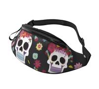 Stylish 3D Flower Horror Skull Bumbags Waist Fanny Pack for Women Ladies Men Lightweight Bum Bag with Zip Pockets Adjustable Belt for Dog Walking Running Cycling Hiking Outdoor Sport