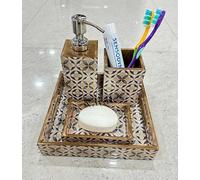Stylish 4pc Bathroom Accessory Set - Modern Vanity Tray, Tooth paste & Tooth Brush Holder, Lotion Dispenser, Soap Dish