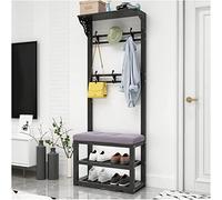 "Stylish 60cm Shoe Bench with Upholstered Seat, 2-Tier Shoe Rack & Coat Hanger, Gray & Black Fabric Storage for Living Room & Bedroom"