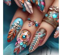 Stylish Almond Floral Nails Press Ons with Rhinestones Decoration False Nails Stick on for Women and Girls 24pcs Comfortable False
