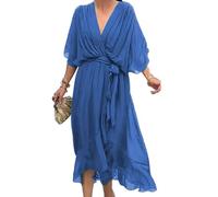 Stylish and Elegant V-Neck Maxi Dress, Evening Party Maxi Dress for Summer, Women Summer V-Neck High Waist Chiffon Skirt (Blue,3XL)