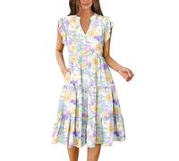 Stylish and Elegant V-Neck Maxi Dress, V Neck Short Sleeve Ruffle A-Line Flowy, Womens Summer Dress,Vacation Sundress (Yellow Purple Floral,L)