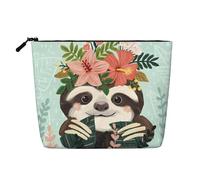 Stylish Animal Sloth Mint Green Print Fake Hemp Makeup Bag - Travel Toiletry Organizer, Reusable Cosmetic Pouch with Large Capacity