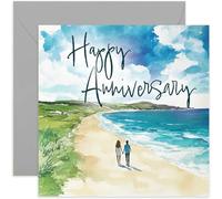 Stylish Anniversary Card for Husband or Wife - Couple Walking on Beach - Beautiful Watercolour Design - For Dad Mum Parents - Blank Inside with Envelope