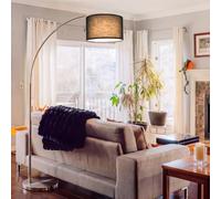 Stylish Arc Floor Lamp for Living Room, 200cm Tall Over Sofa Arc Standing Lamp with Black Fabric Lampshade, Sturdy 6kg Metal Base, Easy Foot Switch, 9W 3-Colour Bulb Included and Adjustable Lamp Head