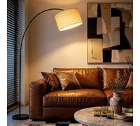 Stylish Arc Floor Lamp for Living Room, 200cm Tall Over Sofa Arc Standing Lamp with Soft Beige Lampshade, Sturdy 6kg Metal Base, Easy Foot Switch, 9W 3-Colour Bulb Included and Adjustable Lamp Head