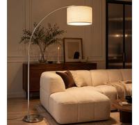 Stylish Arc Floor Lamp for Living Room, 200cm Tall Over Sofa Arc Standing Lamp with Soft Beige Lampshade, Sturdy 6kg Metal Base, Easy Foot Switch, 9W 3-Colour Bulb Included and Adjustable Lamp Head