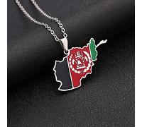 Stylish-Art Afghanistan Map Pendant Necklaces,Afghan Map With Flag Pattern Amulet Necklace,Unisex Hip Hop Fashion Style Party, Silver,45Cm Chain