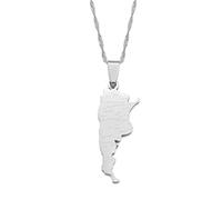 Stylish-Art Argentina Map With City Name Charm Pendant And Chain Necklaces,Argentine National For Women Men Maps Geometry Jewelry Amulet Patriotic Ornaments,Silver,60Cm Chain