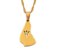 Stylish-Art Barbados Island Map Pendant Charm,Barbados Map Necklace With Flag Symbol Pattern,Ethnic Patriotic Ornament Charm Jewelry Gifts For Women Men,Gold,60Cm Chain