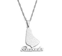 Stylish-Art Barbados Island Map Pendant Necklaces,Barbados Map With Cities Name Pattern Amulet Necklace,Unisex Hip Hop Fashion Style Party, Silver,60Cm Chain