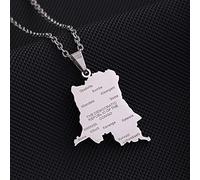 Stylish-Art Democratic Republic Of The Congo Map Pendant Necklace,Attractive Congo Map Pendant Necklace For Unisex,Patriotic Item Ethnic Anniversary Charm Jewelry,Silver,60Cm Chain