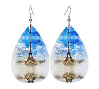 Stylish Art Eiffel Tower Blue Sky Pattern Leather Earrings For Women Dangle Earring Drop Pendant With Hook Gifts For Adult Girl