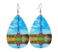 Stylish Art Eiffel Tower Blue Sky Pattern Leather Earrings For Women Dangle Earring Drop Pendant With Hook Gifts For Adult Girl