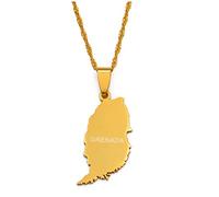 Stylish-Art Grenada Island Map Pendant Necklaces - Ethnic Pattern Flag Region Grenada Island Maps Sweater Chain Charm Hip Hop Trendy Jewelry For Women Men Collarbone Chain,Gold,45Cm