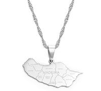 Stylish-Art Madeira Map Pendant Necklaces - Ethnic Pattern Flag Madeira Maps Sweater Chain Charm Hip Hop Trendy Jewelry for Women Men Collarbone chain Necklaces,Silver,45cm