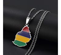 Stylish-Art Mauritius Map Pendant Necklaces - Ethnic Pattern Flag Region Mauritius Maps Sweater Chain Charm Hip Hop Trendy Jewelry For Women Men Collarbone Chain,Silver,45Cm
